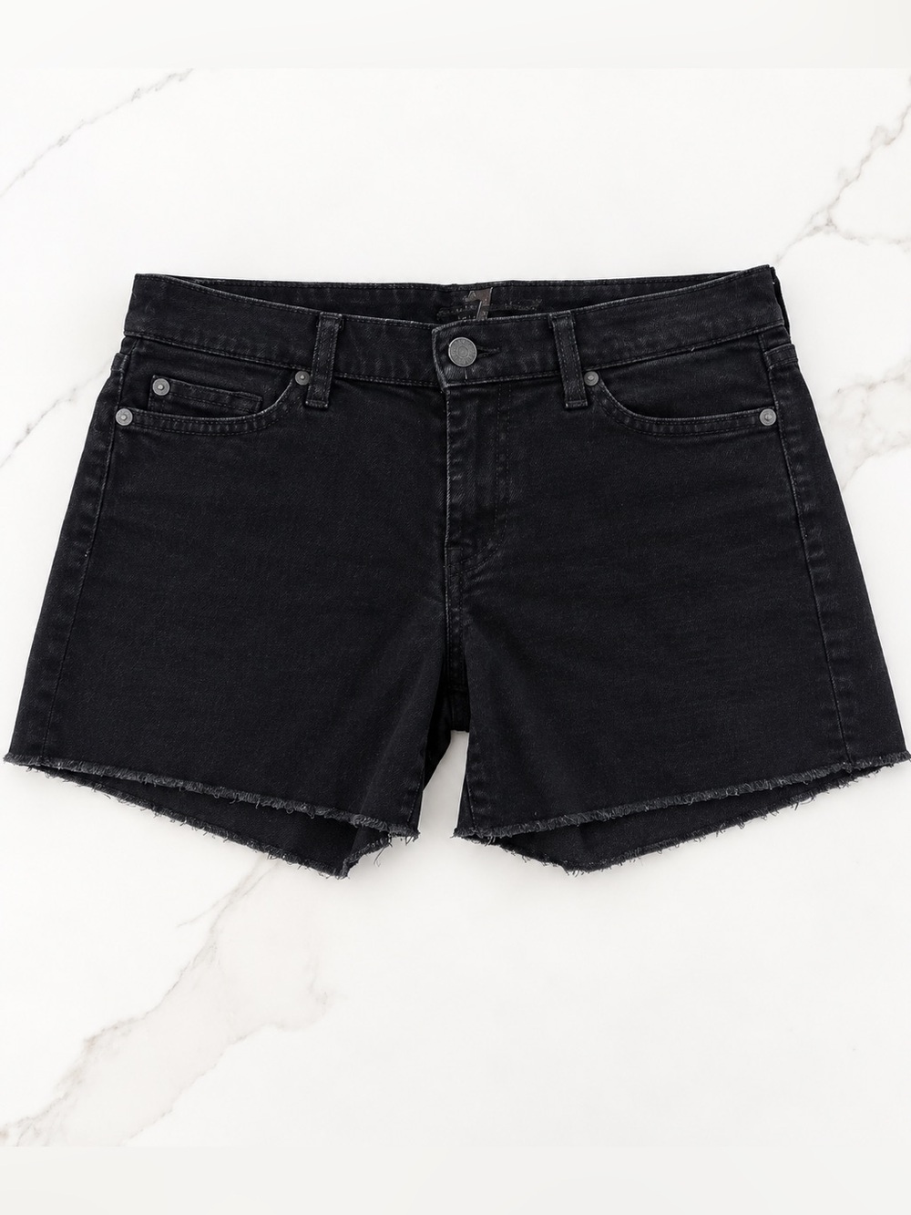 7 For All Mankind Black Frayed Hem Denim Shorts